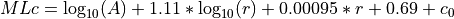 MLc = \log_{10}(A) + 1.11 * \log_{10}(r) + 0.00095 * r + 0.69 + c_0