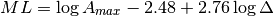 ML = \log A_{max} - 2.48 + 2.76 \log \Delta