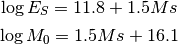 \log E_S = 11.8 + 1.5 Ms

\log M_0 = 1.5 Ms + 16.1