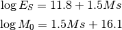 \log E_S = 11.8 + 1.5 Ms

\log M_0 = 1.5 Ms + 16.1