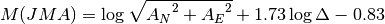 M(JMA) = \log \sqrt{{A_N}^2 + {A_E}^2} + 1.73 \log\Delta - 0.83