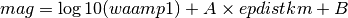 mag = \log10(waamp1) + A \times epdistkm + B